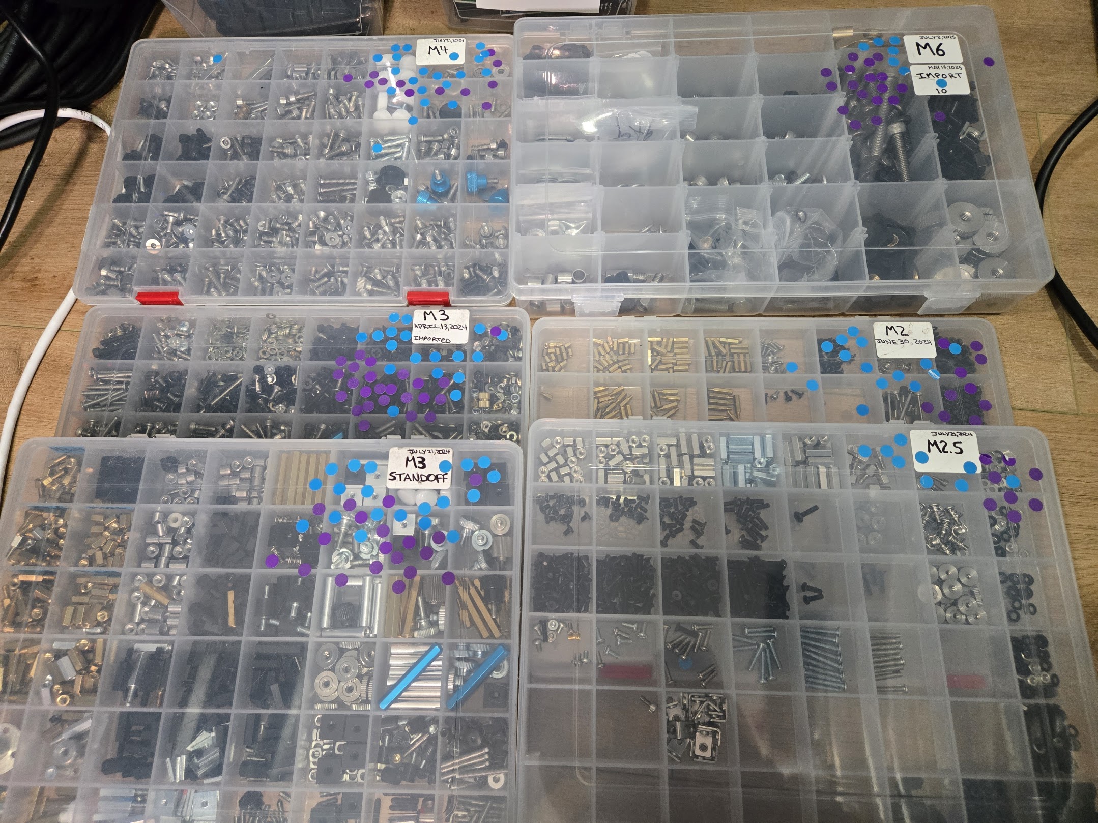Six metric fastener organizer boxes for M2, M2.5, M3, M3 standoffs, M4, and M6. M3 boxes are covered in dots while M2.5 has very few.