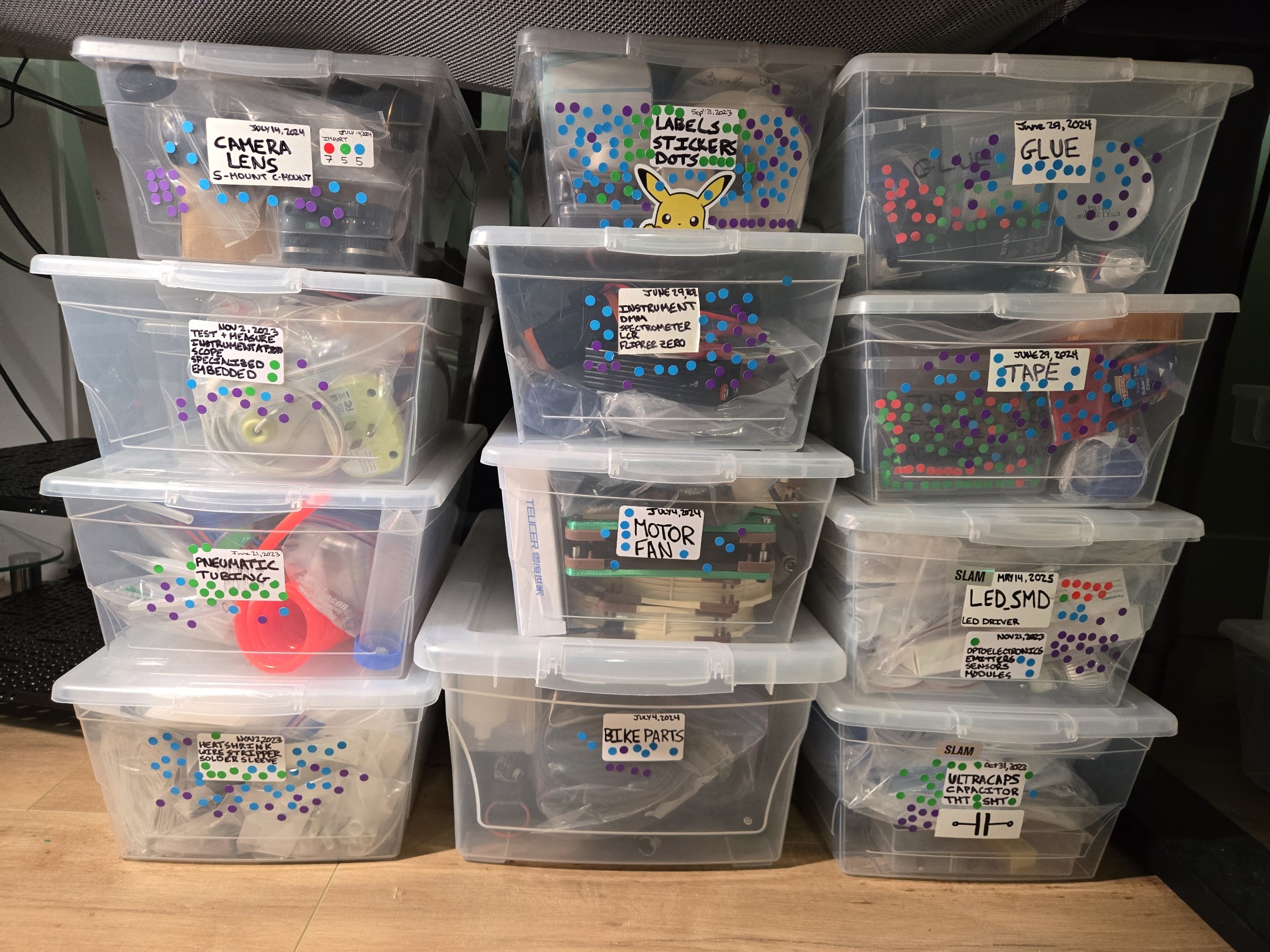12 containers under a lab desk, each labeled and dated. Bins for heatshrink, labels, stickers, glue, and tape are covered in dots. Bins for motors and bike parts have noticeably fewer.