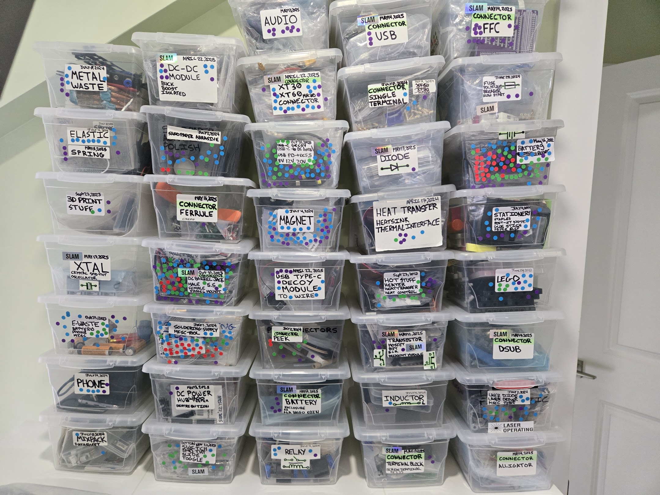 31 standardized 4L clear boxes stacked within arm's reach of a desk, each labeled with category, date, and dot stickers. Boxes for power, connectors, and magnets have many dots while boxes for crystals and inductors have few.