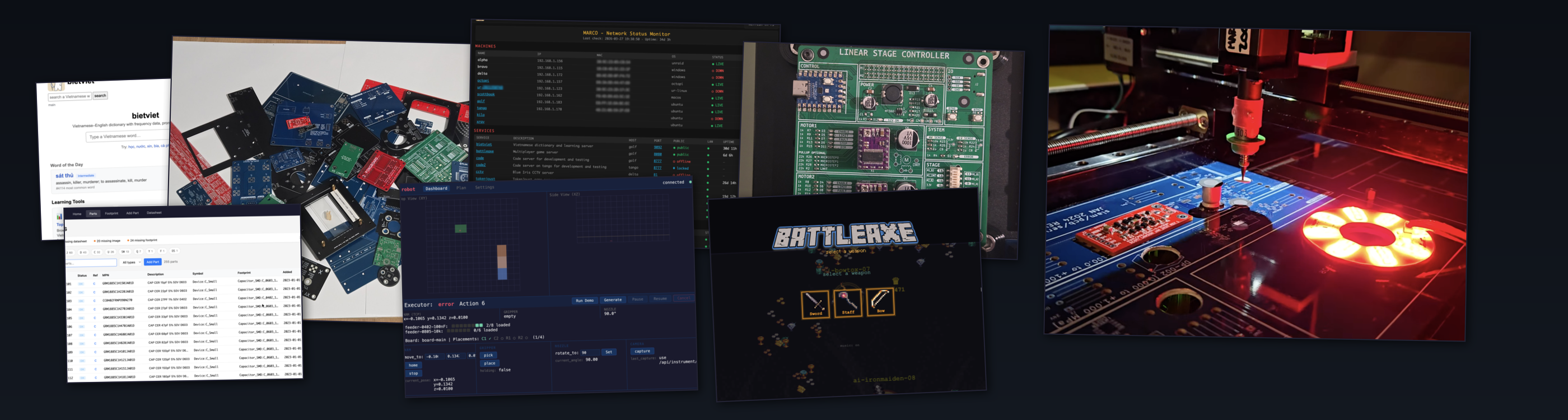 Collage showing the breadth of the slam monorepo: KiCad PCB designs, a pile of fabricated circuit boards, the Battleaxe multiplayer game, a parts database CLI, and a pick-and-place machine with illuminated LED ring