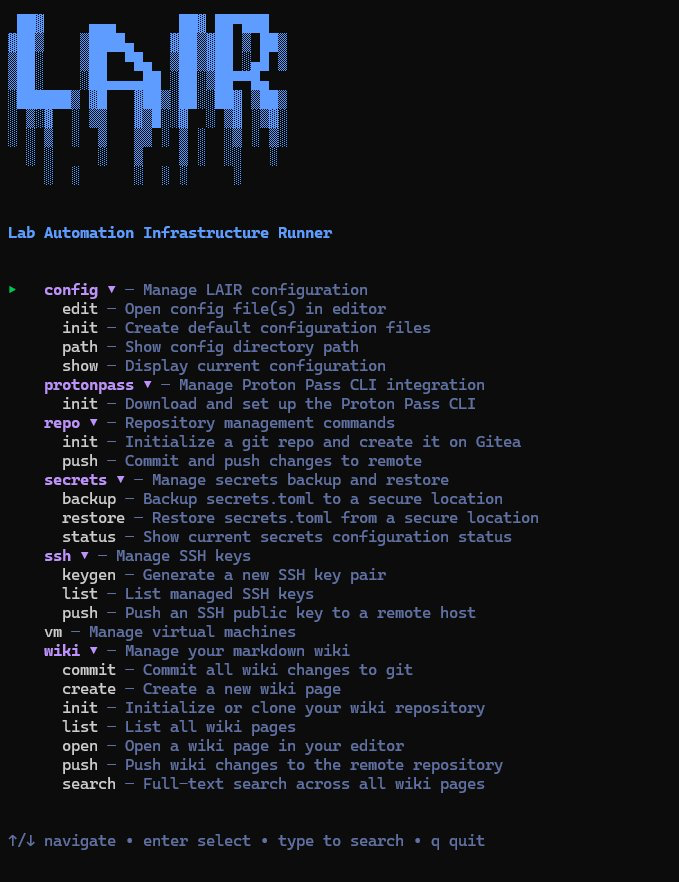 The LAIR CLI tool showing commands for configuration, Docker management, SSH, Git operations, and project scaffolding