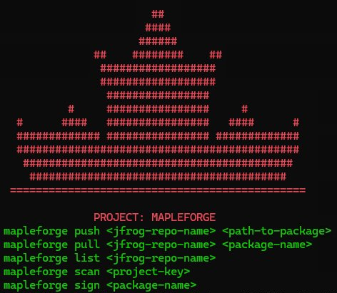 The MapleForge CLI tool showing ASCII art maple leaf logo and commands for package management