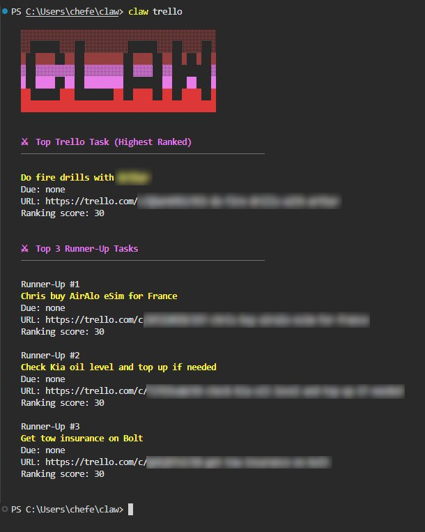 The claw CLI tool showing a Trello-style task management command with personal task boards and lists