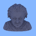 An early low-resolution render of an Einstein bust STL model with simple flat lighting and visible aliasing