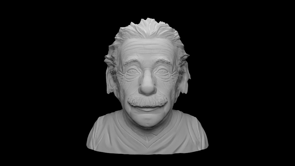The same Einstein bust model rendered with improved lighting, adaptive sampling, and higher resolution, showing dramatically better quality