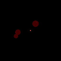 Animated render showing concentric LEDs gradually illuminating with three synthetic ruby spheres above, demonstrating simultaneous fluorescence and refraction