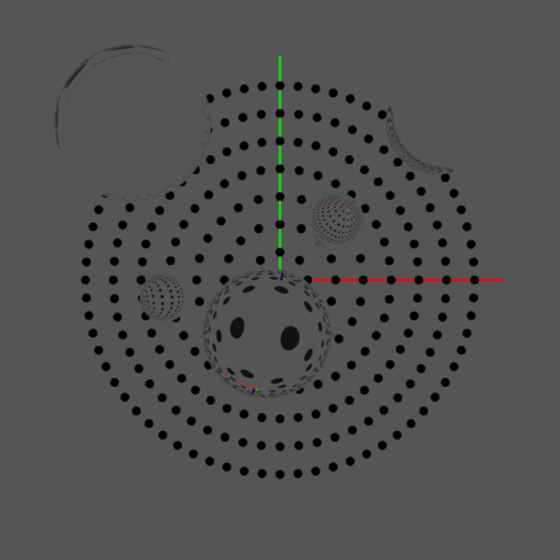 Animated render of the circular 257-LED illuminator with multiple dielectric and metallic spheres, showing realistic refraction and reflection from each light source